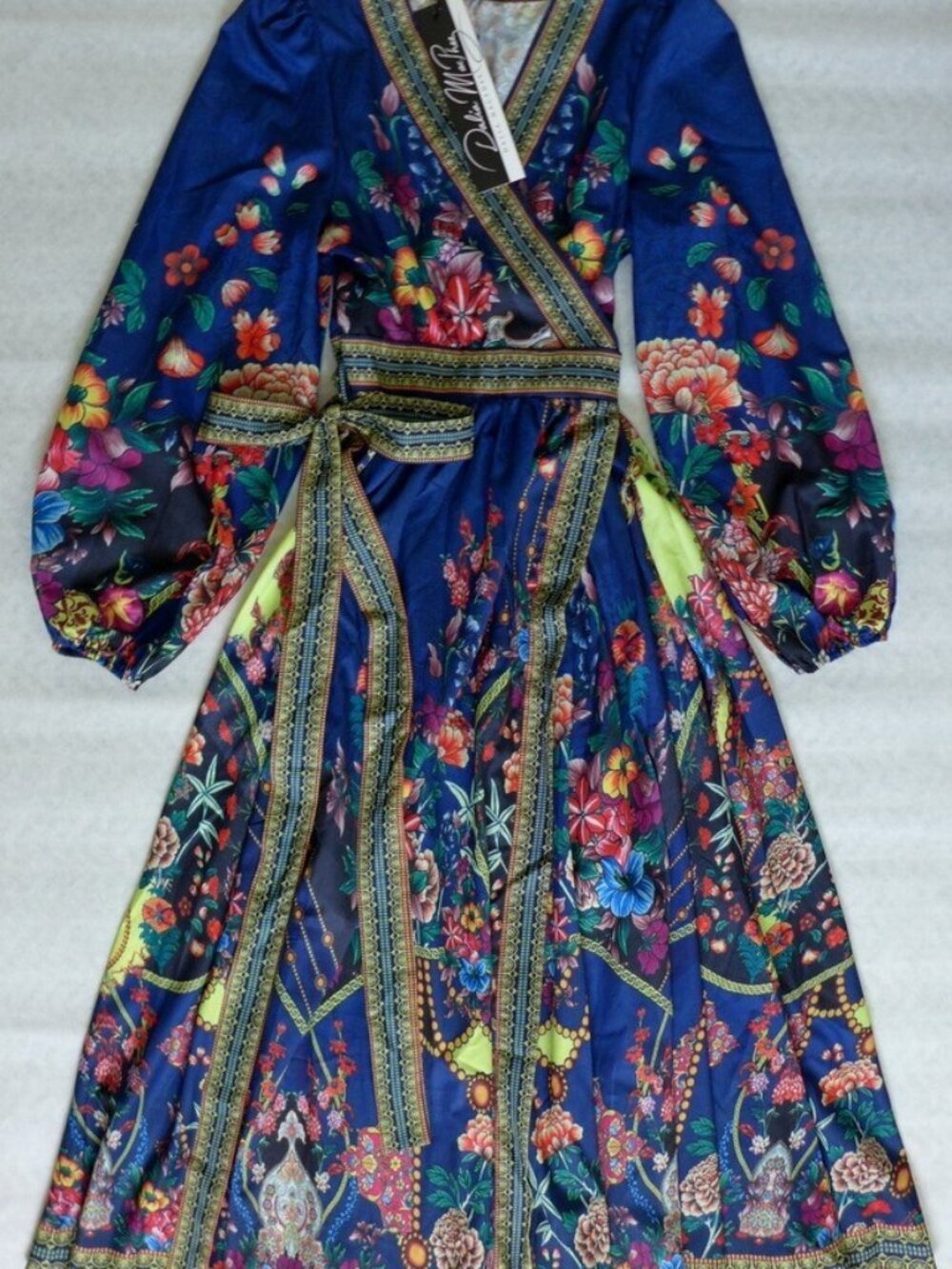 Dalia Macphee Long Sleeve Belted Floral Print Maxi Wrap Navy Boho Luxury Dress